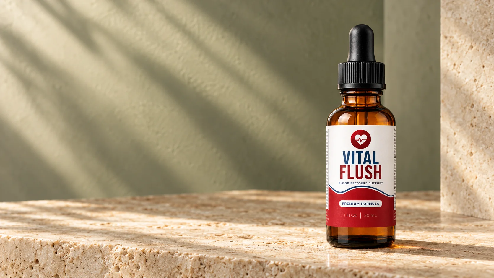 VitalFlush dropper bottle on a sunlit stone surface